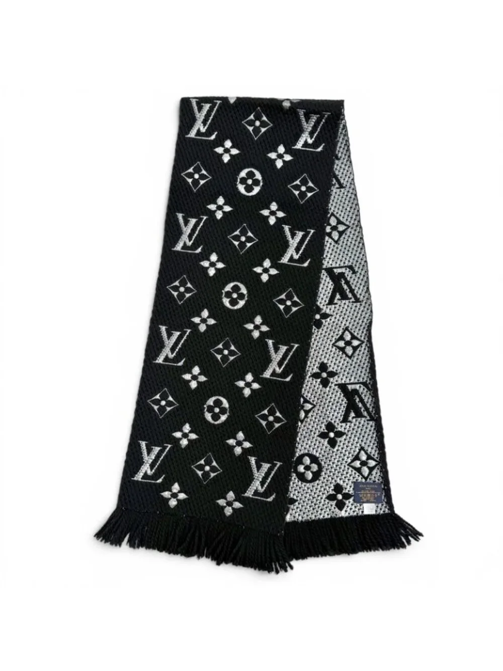 Louis Vuitton Logomania Scarf Shine Wool Silk Monogram Fringe Black